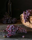 Bunches of fresh ripe red grapes on a wooden textural surface. Branch of pink grapes. Red wine grapes. dark grapes. Still life of Royalty Free Stock Photo