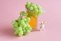 Bunches of green white grapes along with a glass of light grape juice on a pink background next to a funny toy cat. Royalty Free Stock Photo