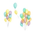 Bunches and Groups of Colorful Balloons. Watercolor Illustration