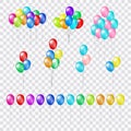 Bunches and groups of colorful helium balloons on transparent background.