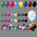 Bunches and groups of colorful helium balloons on transparent background