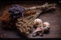 Bunches of medicinal herbs and flowers with garlic. Herbal medicine