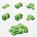 Bunches of money in cartoon 3d style. Set of different packs of dollar bills. Isometric green dollars