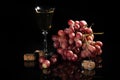 Bunches of pink grapes and green apples on a dark background. A glass of champagne is in the background. Still life. Vitamin Royalty Free Stock Photo