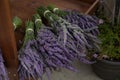 Bunches of Purple Lavender on Wood Shelf For Sale Royalty Free Stock Photo