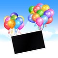Bunches of realistic colorful helium balloons and photo template