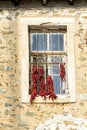 Bunches of red peppers dried in the sun hang in front of the window