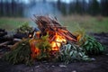 bunches of sacred herbs near a solstice bonfire