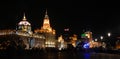 The Bund in Shanghai, China. View of illuminated colonial buildings at night along the Bund.