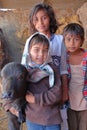 BUNDI, RAJASTHAN, INDIA - DECEMBER 09, 2017: Portrait of three children posing with a little buffalo in a village close to Bundi