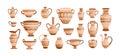 Bundle of ancient greek pottery isolated on white background. Collection of clay pots, vases and amphoras decorated by