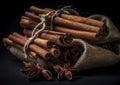 A bundle of aromatic cinnamon sticks on a rustic burlap bag