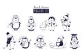 Bundle of baby boy and girl penguins wearing winter clothing and hats drawn in monochrome colors. Set of cute cartoon