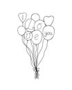 Bundle of balloons with ribbons and I Love you words vector illustration in simple outline hand drawn style for St Valentine love