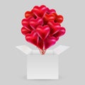 Bundle of balloons in the shape of a heart with an open box. Valentine Day. The concept of love.