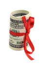 Bundle of bills of one hundred dollars tied with a red ribbon. Dollars isolated on white background Royalty Free Stock Photo