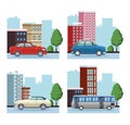 Bundle of buildings cityscape with cars and bus