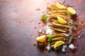 Bundle, bunch of fresh razor clams on ice, dark concrete background, lemon, herbs. Copy space, top view.