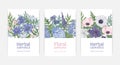 Bundle of card or flyer templates for herbal cosmetics and natural floral perfume advertisement decorated by blooming