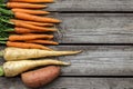 Bundle of carrots, parsnip and sweet potato on a rustic table Royalty Free Stock Photo