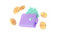 Bundle of cash wallet and floating coins