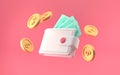 Bundle of cash wallet and floating coins