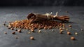 Pile of Almonds with Cinnamon Sticks on Dark Background, Culinary Still Life Royalty Free Stock Photo