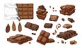 Bundle of colored drawings of whole and broken into pieces chocolate bars and cocoa beans. Tasty sweet dessert or