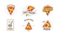 Bundle of colored logotypes with appetizing pizza slices, wheel cutter and rays hand drawn in retro style. Vector