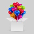 Bundle of colorful balloons in the shape of a heart with an open box. Valentine Day. The concept of love.
