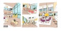 Bundle of colorful drawings of summer cottage interiors full of stylish and comfy furniture. Set of hand drawn house