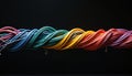 Bundle of colorful electric wires twisted together. Cables form wavy pattern against dark background. Represents tech, data Royalty Free Stock Photo