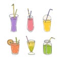 Bundle of colorful healthy drinks in various glasses with straws - smoothies, lemonades, juices or cocktails. Set of Royalty Free Stock Photo