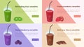 Bundle of colorful horizontal web banners with smoothies made of tropical fruits, berries and chocolate. Tasty drinks in