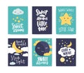 Bundle of colorful poster or flyer templates with Good Night and Sweet Dreams wishes with elegant lettering handwritten