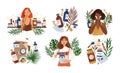 Bundle of compositions with cute young women, tropical leaves and natural organic cosmetics products in bottles, jars
