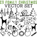 CG Family Christmas Vector Set with Christmas trees, holly, birds, reindeer, gifts, bells, gloves, and wreaths.