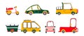 Bundle of cute cars. Toys set with targa, van, motorbike, jeep, minivan. Hand drawn vector illustration for kids textile