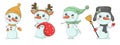 Bundle of cute cartoon snowmen in knitted hats and scarves with Christmas gifts, snowflakes, holly, dressed as New Year characters