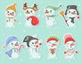 Bundle of cute cartoon snowmens stickers in knitted hats and scarves with Christmas gifts, snowflakes, holly, dressed as New Year