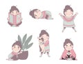 Bundle of cute girl in a voluminous ugly hygge sweater. stickers with a cute girl in a voluminous ugly hygge sweater. Happy