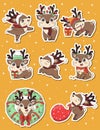 Bundle of cute new year deer stickers in different poses with holly, santa hat, xmas wreath and gifts in doodle cartoon style
