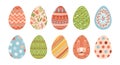 Bundle of decorated Easter eggs isolated on white background. Set of Paschal symbols covered with various ornaments -