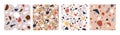 Bundle of decorative Italian terrazzo textures. Set of motley seamless patterns with colorful mineral rock pieces or