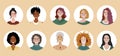 Bundle of different women avatars. Set of colourful user portraits. Female characters faces. Smiling young women avatar collection Royalty Free Stock Photo