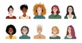 Bundle of different women avatars. Set of colourful user portraits. Female characters faces. Smiling young women avatar collection Royalty Free Stock Photo