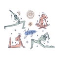 Bundle of divine yoga women vector clipart illustration set. Boho sacred magic woman asana collection. Sketchy