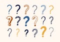 Bundle of doodle drawings of question marks. Set of interrogation points hand drawn with colorful contour lines on light Royalty Free Stock Photo