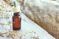 Bundle of dried herbs tarragon, bottle of oil and pipette