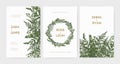 Bundle of elegant stylish wedding invitation templates decorated with green ferns and wild herbs on white background